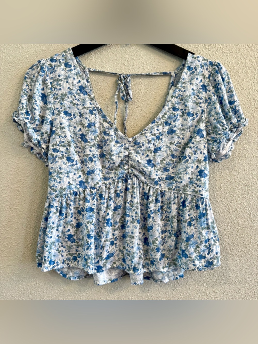 Hollister Blue Floral Tie-Back Babydoll Crop Top Peplum Cottagecore Y2K Size S